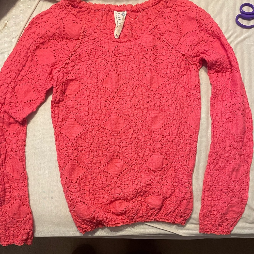 Free People Crochet Vibrant Pink Lace Top Fitted‎ XS